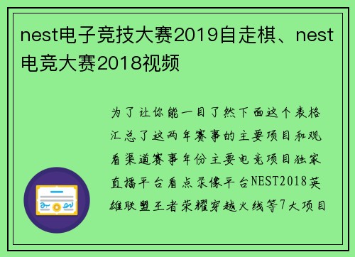 nest电子竞技大赛2019自走棋、nest电竞大赛2018视频
